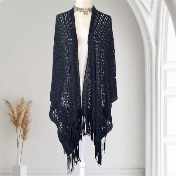 Whimsygoth Asymmetric Black Soft Fringe Long Open Front Poncho Shawl Top OS - Picture 1 of 8
